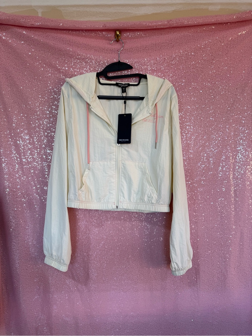 True Religion Cream Hooded Bomber Jacket with Pink Drawstrings I9
